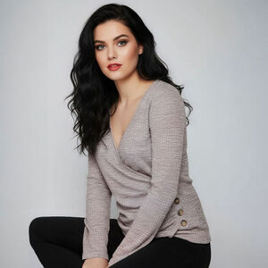 SHEIN Large Pink Purple V-Neck Faux Wrap Long Sleeve Faux Button Shirt